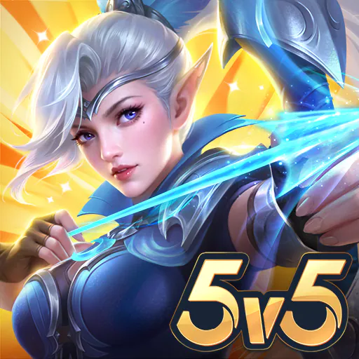 Mobile Legends: Bang Bang game poster showing a fantasy elf archer character with silver hair and glowing blue arrows, with “5v5” written at the bottom right.